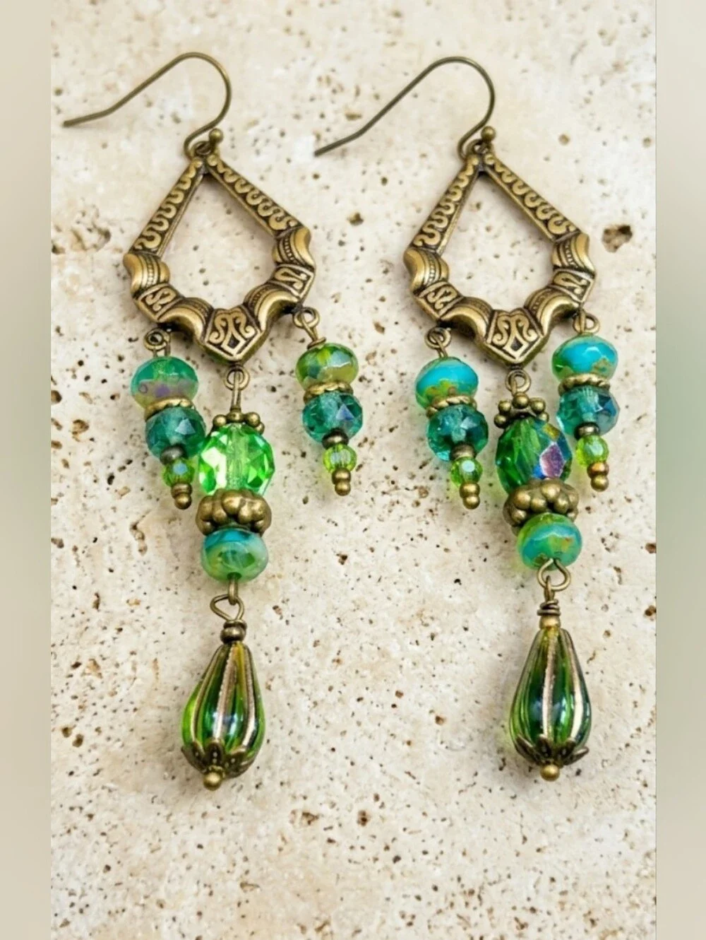 FIESTA Green Glass & Crystal In Artisan Antique Bronze Victorian Style Earrings